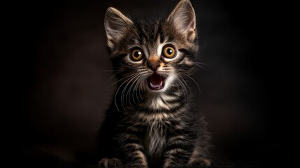 Obraz premium A Shocked cute small cat with yellow eyes facing camera open mouth, Shocked cat, Portrait of Cat, Worried Cat