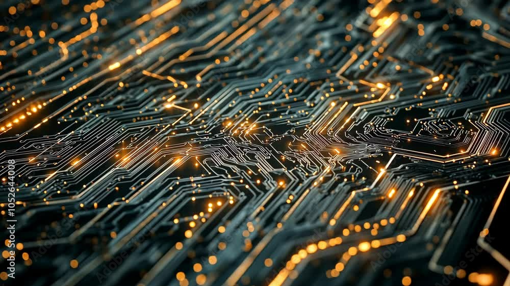 Poster a close-up of a circuit board with glowing pathways and a intricate design