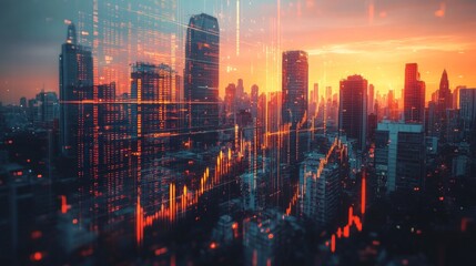 A cityscape with digital overlays of stock market indices and economic data, representing global finance