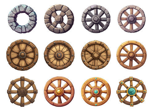 Ancient wheel set. Wooden and stone made rolling circle for old mobility aids transport vehicles cartwheel for wagon. Retro car tires. Invention evolution. Cartoon style isolated vector clipart