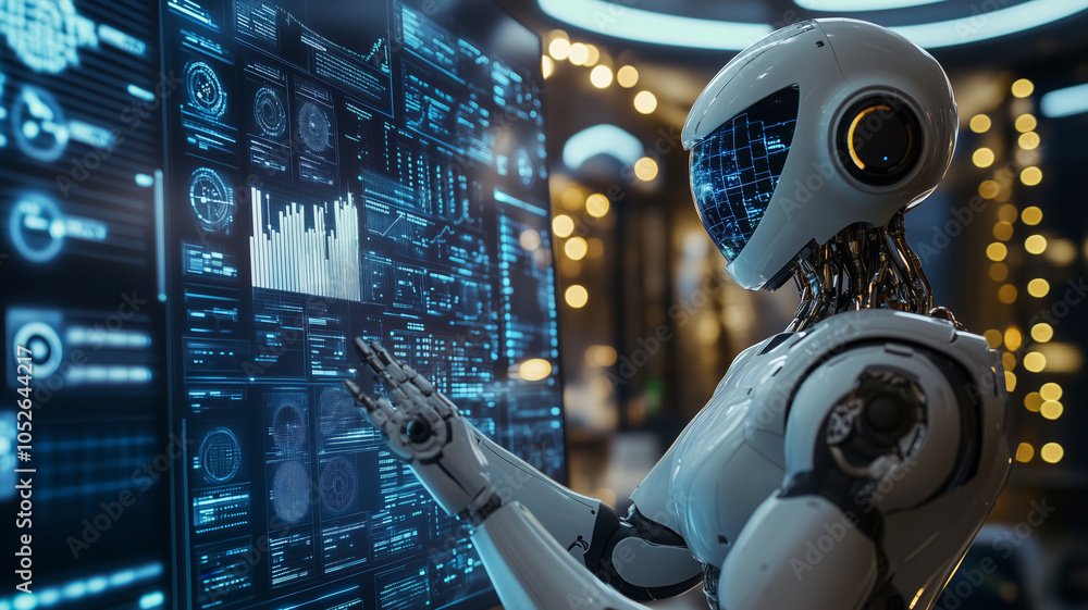 Poster A futuristic robot presents intricate data visualizations in a tech hub