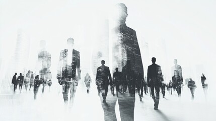 Crowd of business people silhouettes on white city background. Teamwork, leadership, success and partners concept. Double exposure