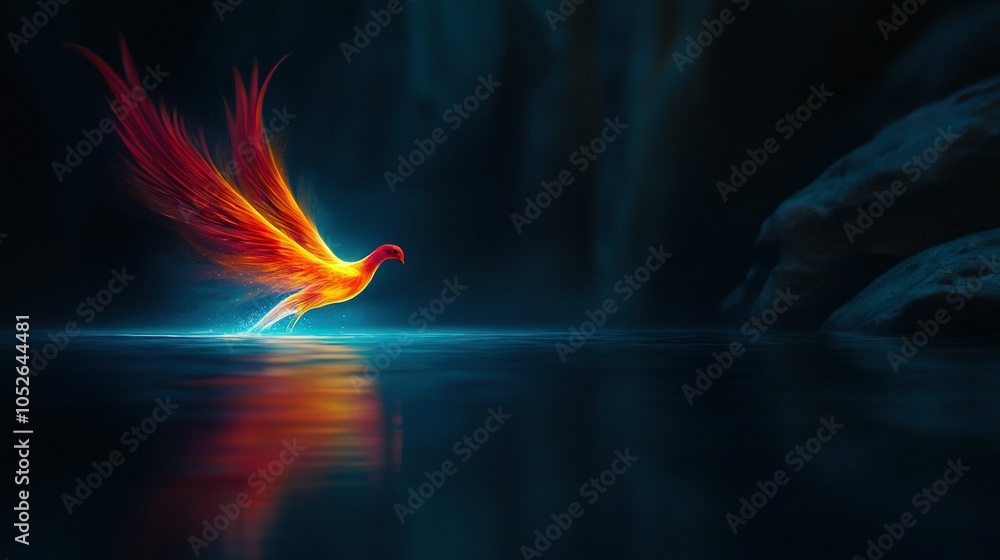 Poster a bird soaring above a body of water with a waterfall in the backdrop and a rock in the foreground