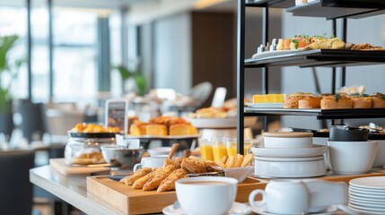 Elegant breakfast buffet featuring pastries, fruits, and beverages in a modern dining space during morning hours