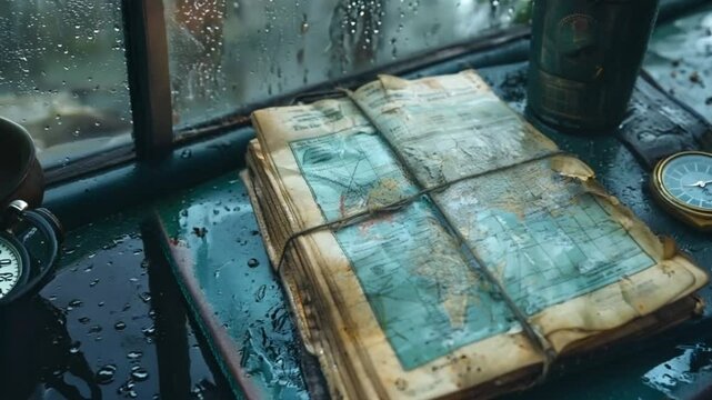 An old, well-used map is tied with string on a table next to a compass, with rain droplets on the window creating a cozy atmosphere for exploration