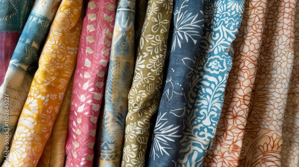 Aufkleber a variety of colorful fabrics with intricate patterns are displayed in vivid hues, showcasing divers