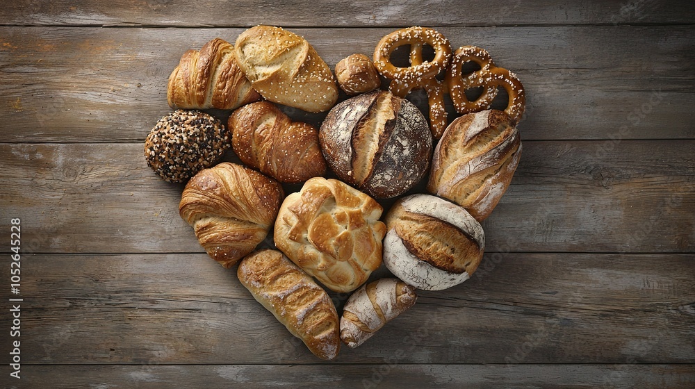 Poster heart-shaped array of breads and pastries on wooden table with pretzel center