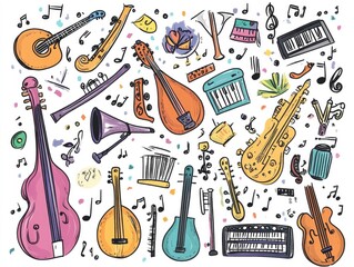 Obraz premium Musical Instruments and Notes: A Vibrant and Colorful Sketch of Various Instruments with Music Notes