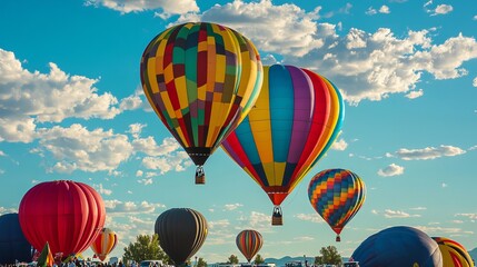 Obraz premium Balloons in bright colors hang outside on a day with clouds in the sky.