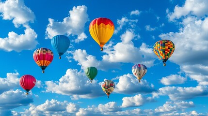 Obraz premium Balloons of many colors floating in a bright blue sky with fluffy white clouds