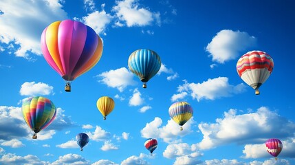 Fototapeta premium Balloons of many colors floating in a bright blue sky with fluffy white clouds