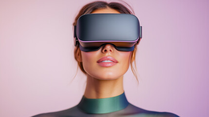 Woman Using VR Headset Immersed in Futuristic Metaverse Gaming Experience, Advanced Virtual Reality Technology, Isolated in Studio.
