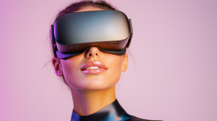 Woman Using VR Headset Immersed in Futuristic Metaverse Gaming Experience, Advanced Virtual Reality Technology, Isolated in Studio.
