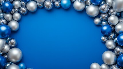 Obraz premium Blue and silver balloons decorate a blue backdrop with ample space for your message.