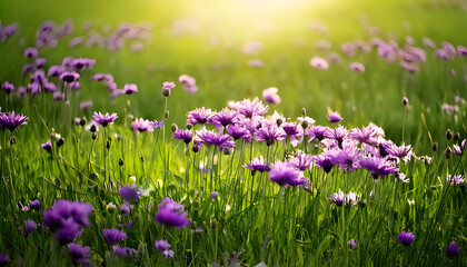 Naklejka premium purple flowers shine green field empty white space around visually appealing