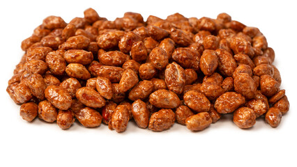 Tasty sweet roasted peanuts isolated on a white background.