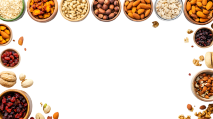 Assortment of Nuts and Dried Fruits on White Background,