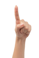 Woman hand show finger number one isolated on a white background.