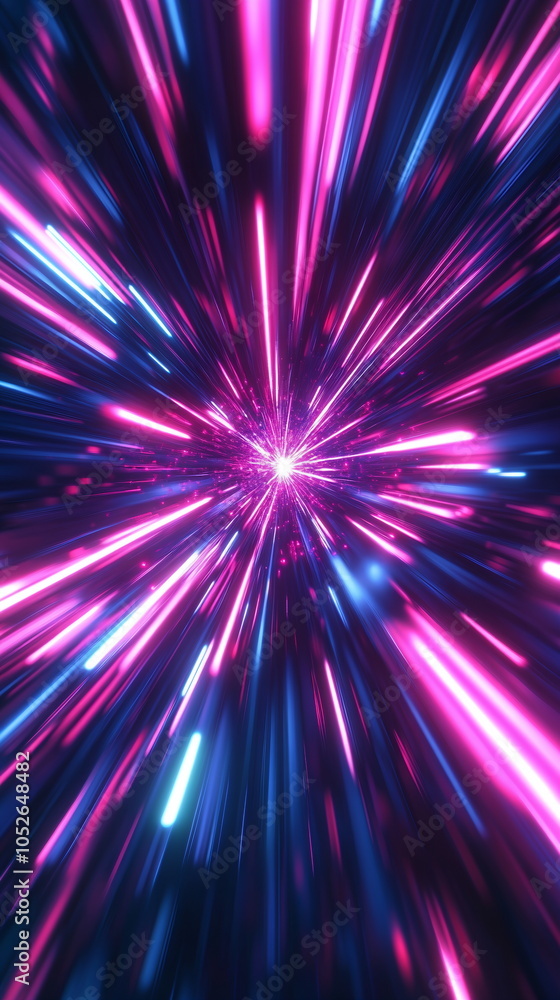 Poster dynamic light bursts. sharp neon pink and blue lines radiating. abstract glowing patterns with depth