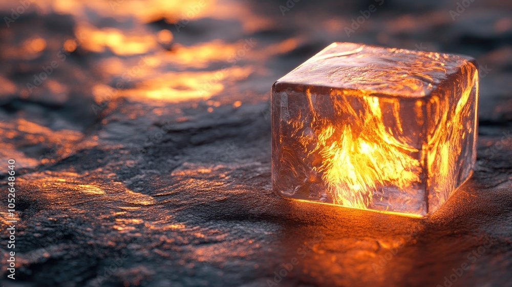 Poster a pristine ice cube rests on a textured surface glowing from within with a warm light that contrasts