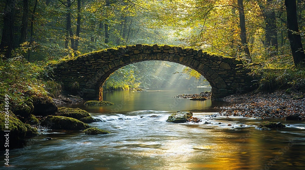 Poster stone bridge over river in forest with sunlight filtering through trees on opposite side