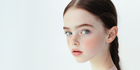 A young girl with striking blue eyes brown eyebrows and a braided hairstyle gazes intensely against a soft neutral background in natural light, child model for advertisement