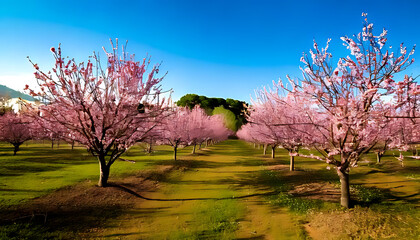 Naklejka premium spring brings beautiful blooming chinese almond trees orchard nearby