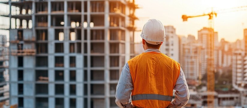 Asian Maintenance Worker Man Wearing Protective Suit And Safety Helmet Working At Construction Site Civil Engineering Architecture Builder And Building Service Concepts
