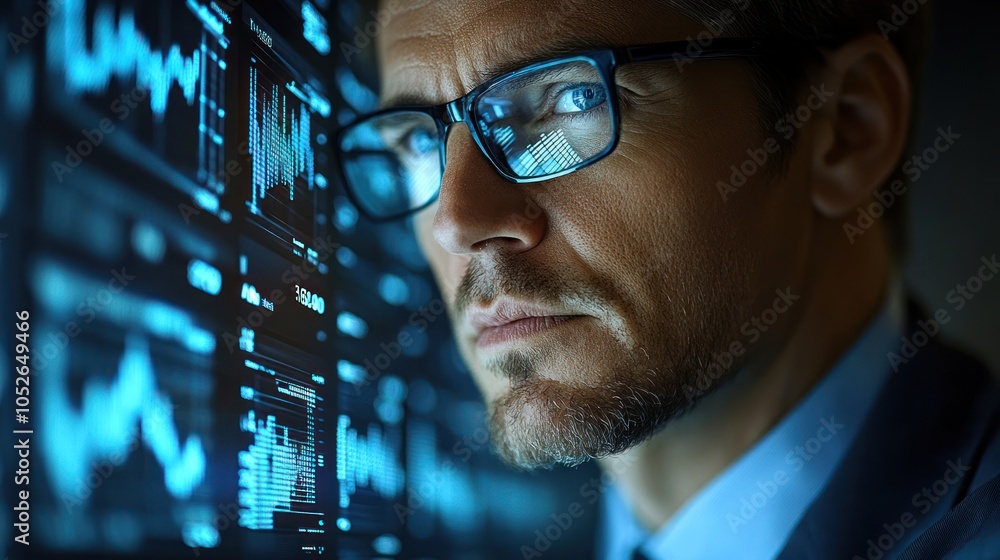 Poster close-up of a man's face looking intently at data on a screen.