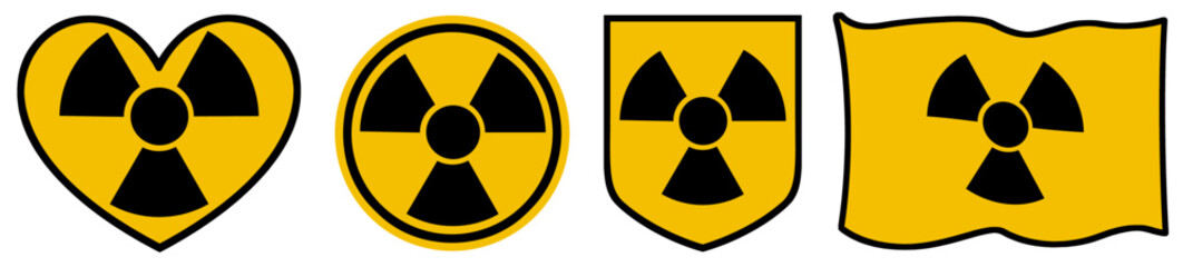 Fototapeta premium Radiation Hazard Sign vector. Black symbols on yellow background. Heart, Circle, Shield and Flag