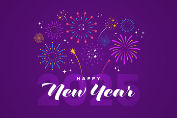 Happy New Year 2025 greeting card design. Calligraphic text with colorful decorative festive fireworks explosions isolated on purple background. Congratulation banner. Vector illustration.