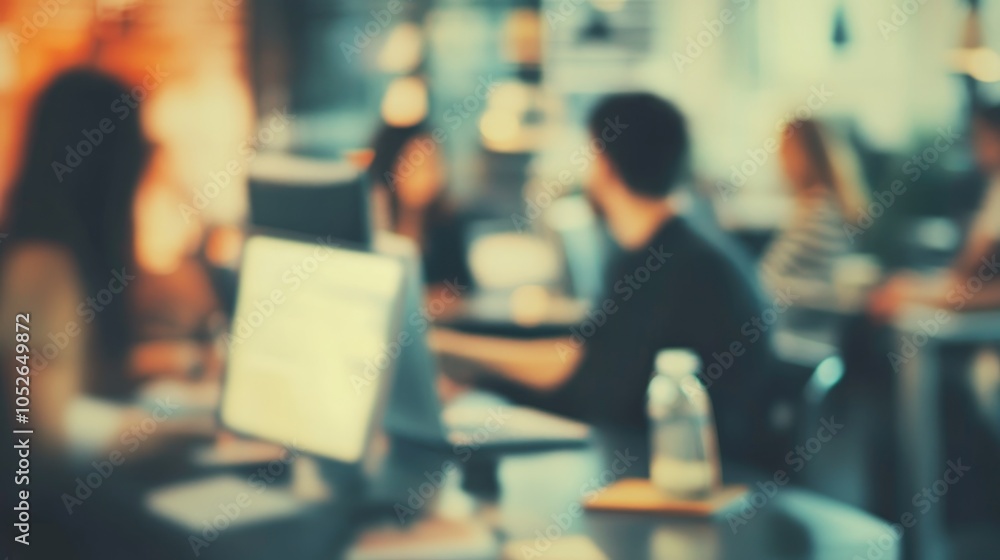 Poster blurred colleagues collaborating in a contemporary workspace engaged professionals focused on their 