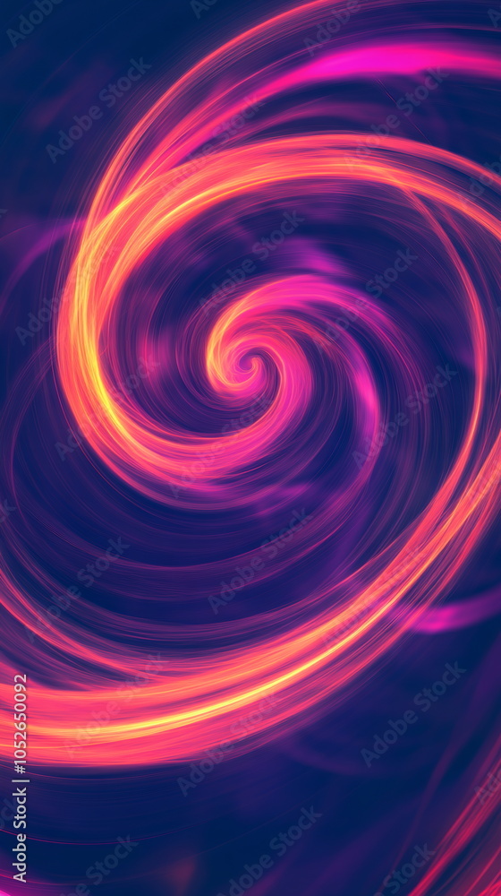 Poster glowing spiral patterns. neon orange and violet hues intertwining. abstract circular motion with shi