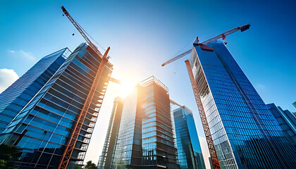 Obraz premium skyscrapers construction multistory glass buildings rise high blue morning sky bright sunlight