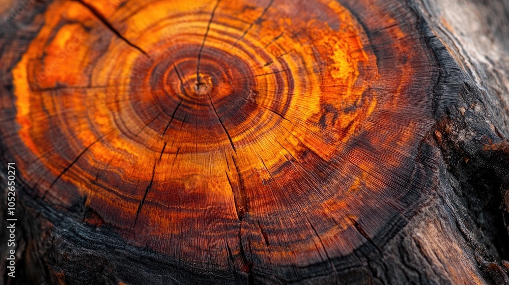 Poster close up of a tree stump displaying vibrant orange rings highlighting themes of nature texture and t