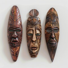 Naklejka premium Wooden African Tribal Masks Set Isolated, Traditional Wooden Mask Carving on White