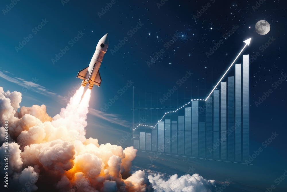 Poster rocket launch symbolizing business growth with increasing graph and moon background