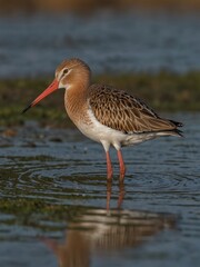 Black-tailed godwit wading at the river&rsquo;s edge