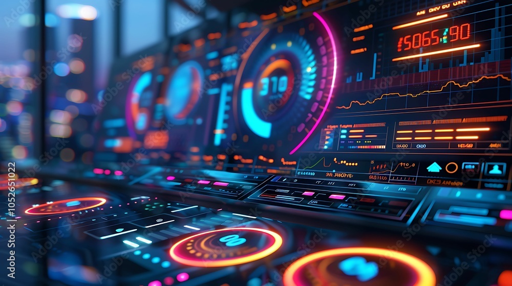 Poster futuristic interface: a close-up view of a sleek, futuristic interface with glowing digital displays