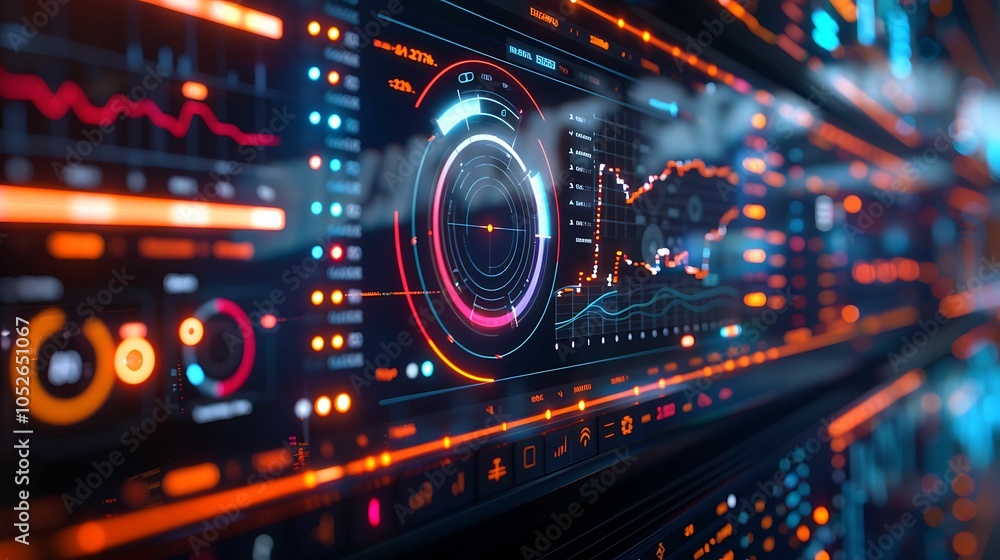 Poster digital interface: a futuristic, abstract composition of glowing digital displays, showcasing intric