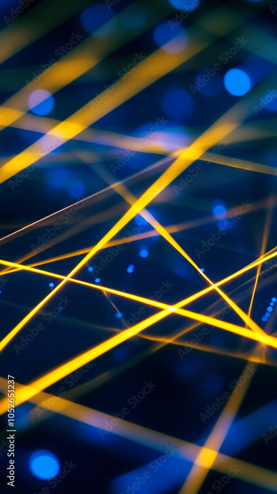 Poster laser grid background. bright yellow lines intersecting. neon blue backdrop with depth. geometric pa