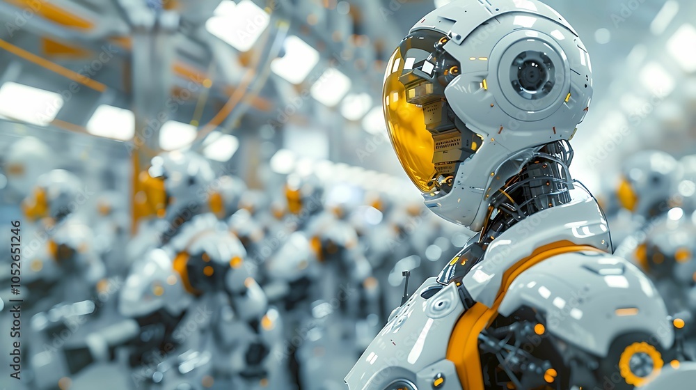 Poster army of robots: futuristic assembly line