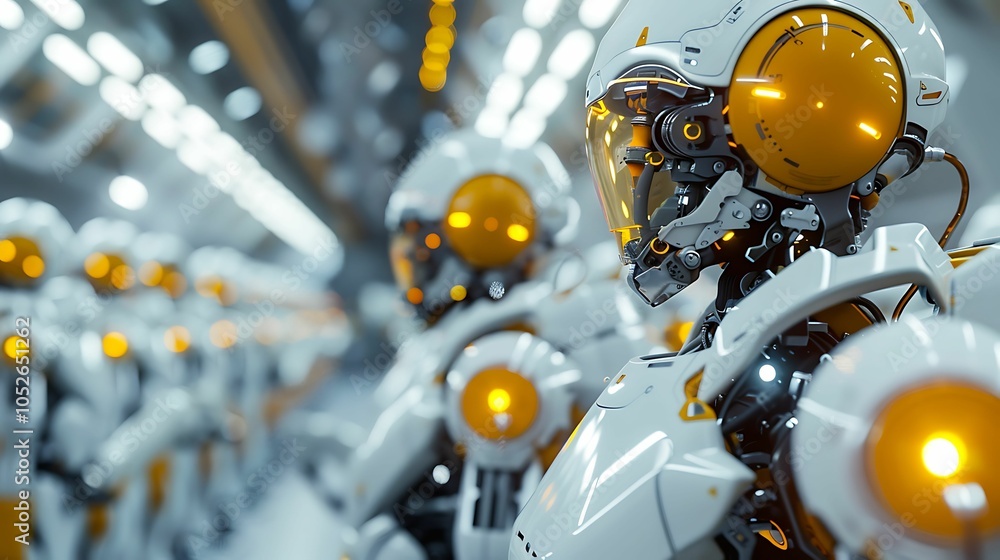 Poster awaiting orders: a surreal and futuristic depiction of an army of humanoid robots standing in format