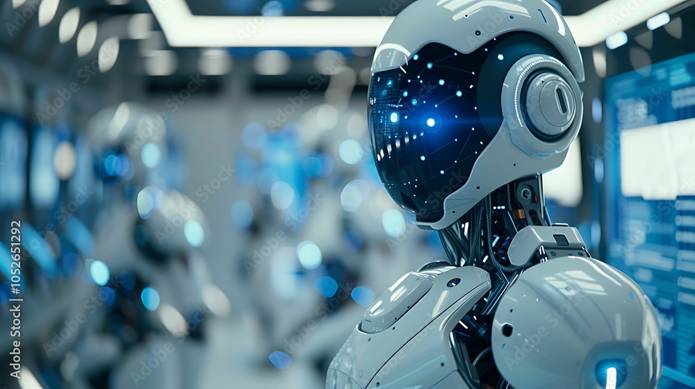 Poster advanced robotics: a close-up of a sleek, humanoid robot with glowing blue eyes, standing amidst a f