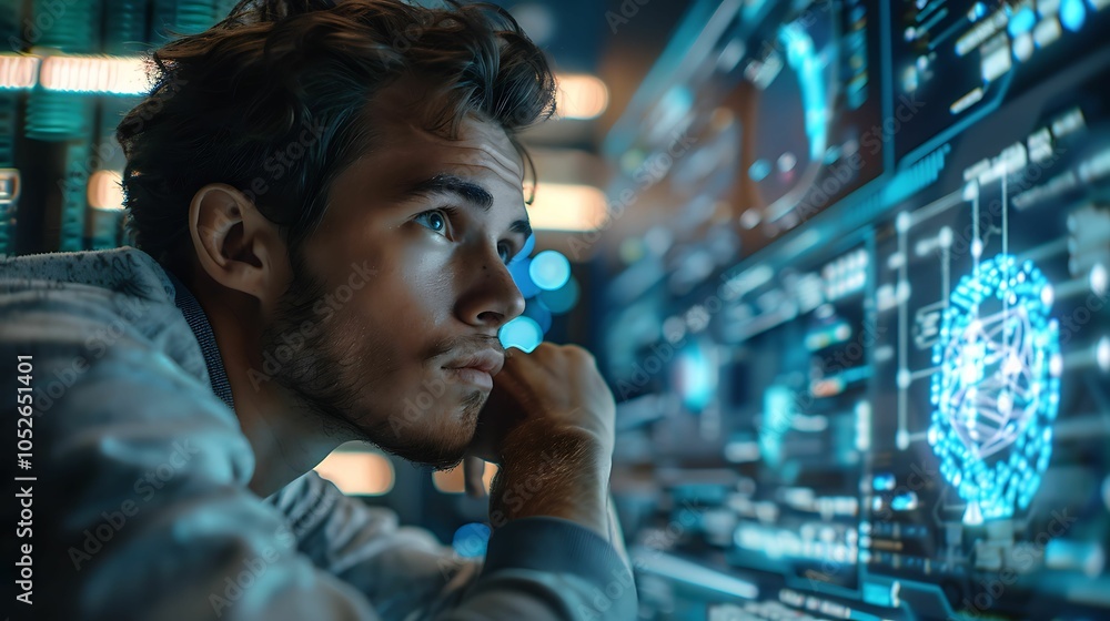 Poster cyberpunk visionary: a pensive young programmer gazes intently at a futuristic digital interface, lo