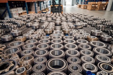 Obraz premium Ball bearings of different sizes laying on floor in warehouse