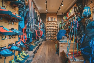 Obraz premium Hiking and climbing equipment displayed in a sports store