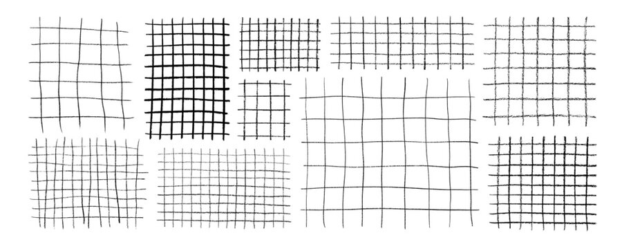 Crayon drawn grids for notes. Square grid and striped patten for hand drawn notepads. Checked wallpaper print for collages. Geometric plaid pattern with pencil lines and strokes. Striped paper.