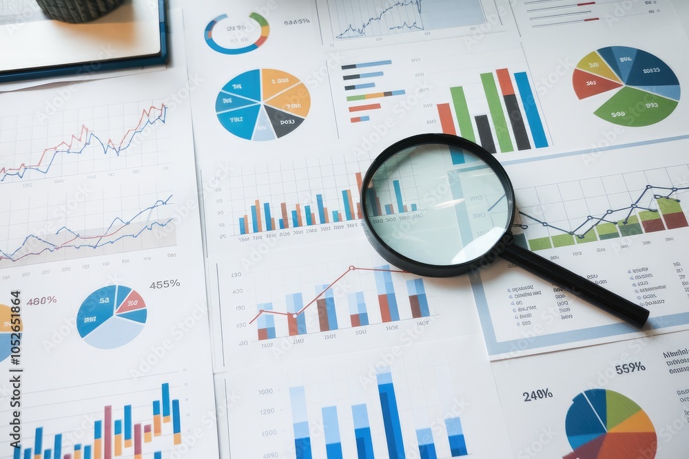 Poster magnifying glass analyzing business charts and graphs for market research and financial data analysi