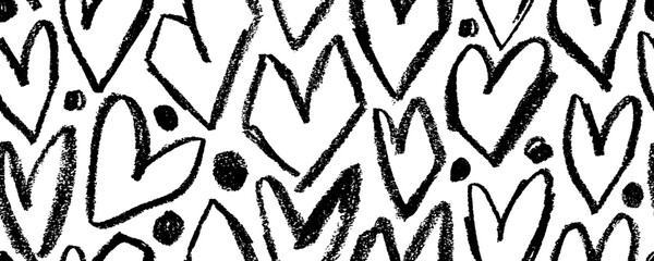 Punk and grunge style seamless pattern with geometric hearts. Crayon drawn heart shapes background with rough pencil texture and simple dots. Hand drawn vector romantic seamless pattern.